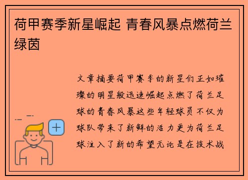 荷甲赛季新星崛起 青春风暴点燃荷兰绿茵